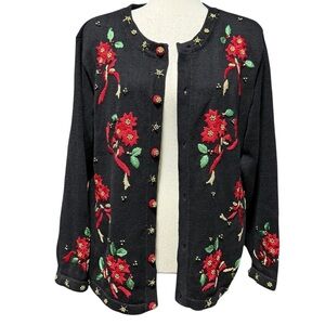 VTG Arriviste Holiday Floral Embroidery Cardigan Sweater Large Beaded Poinsettia